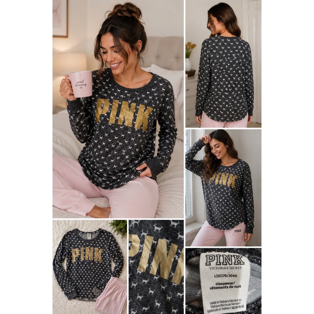 PINK Victoria's Secret Sleepwear Top Large Gray Gold Glitter Logo Dog Print L
